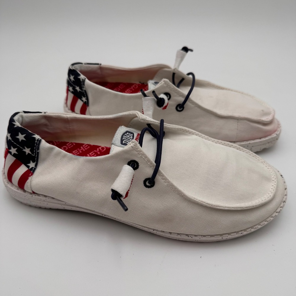 Hey Dude‎ Wendy Americana Off White Stars Stripes Shoes Womens 8 41096-1LB